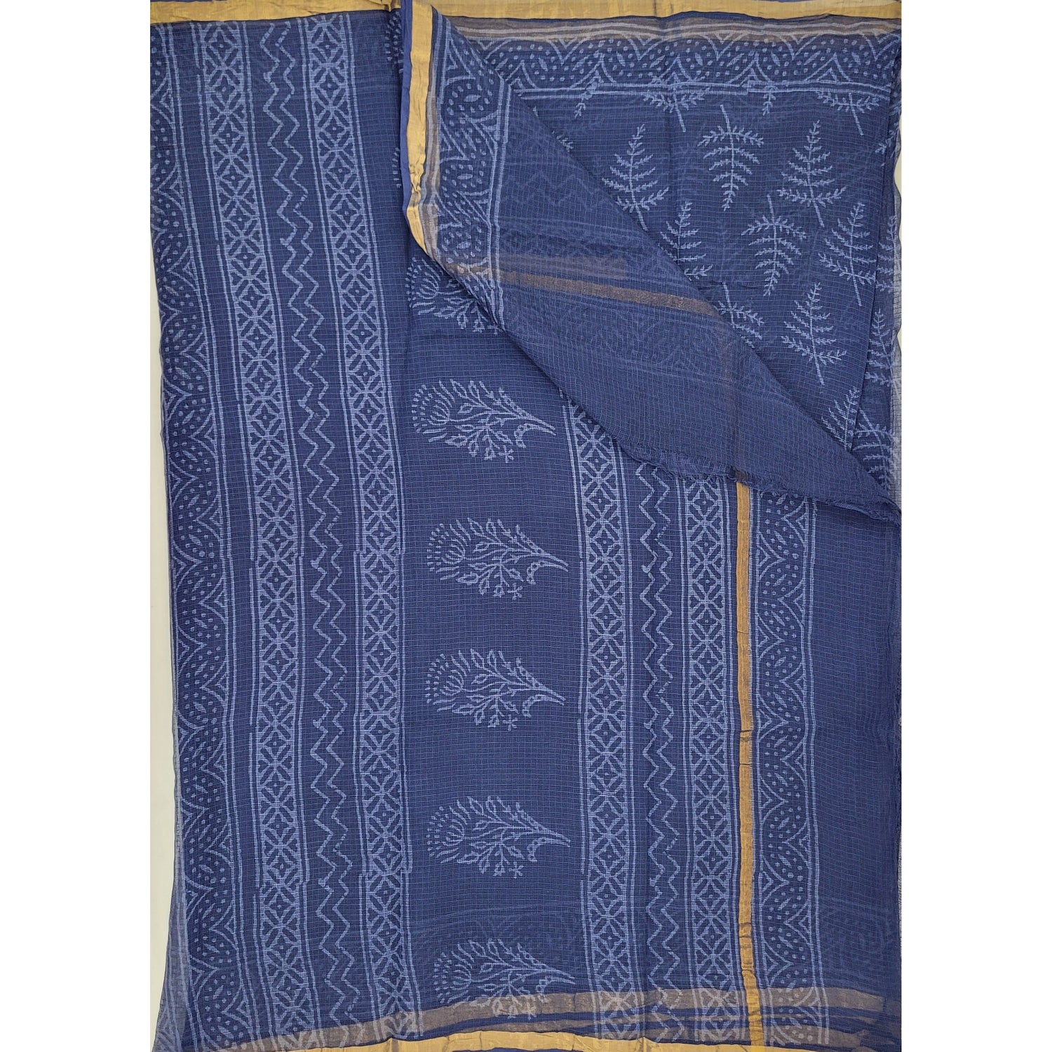 Indigo Blue color Hand Block Printed Kota Cotton Saree with Zari border - Vinshika