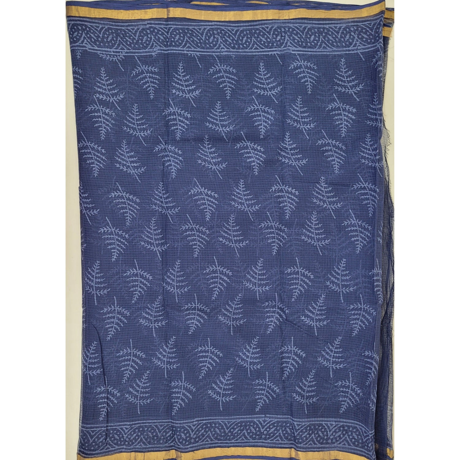 Indigo Blue color Hand Block Printed Kota Cotton Saree with Zari border - Vinshika