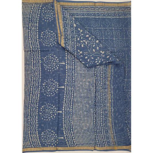 Blue color Hand Block Printed Kota Cotton Saree with Zari border - Vinshika