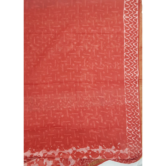 Carrot Color Hand Printed Kota Cotton Saree with Zari border - Vinshika