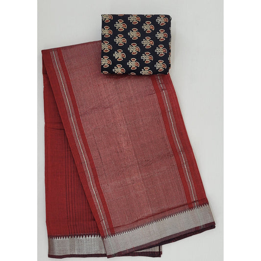 Maroon color Mangalagiri cotton saree with Silver Zari border - Vinshika