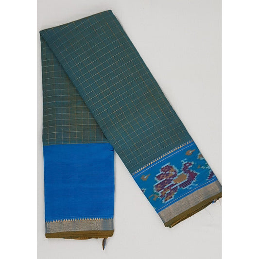 Fern and Blue color Mangalagiri silk saree with silver zari border - Vinshika