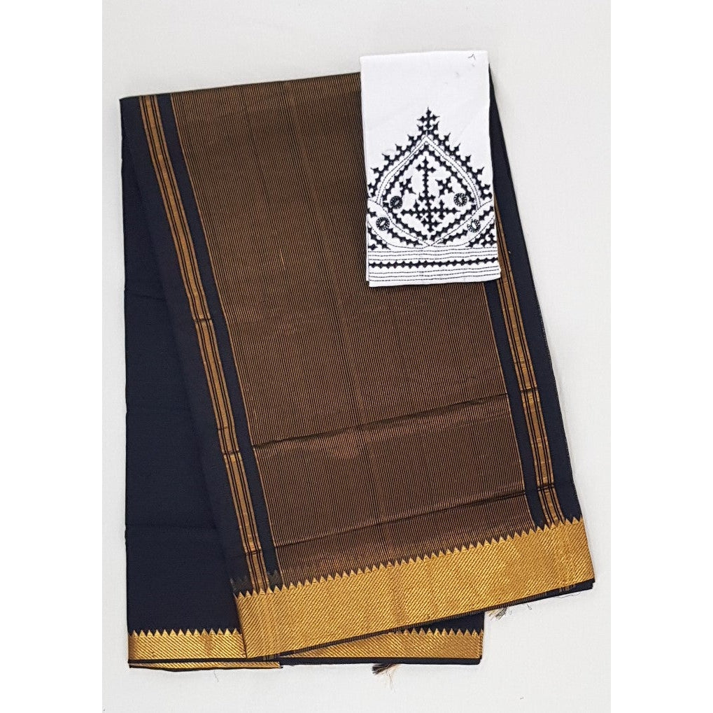 Black color Mangalagiri cotton saree with golden zari border - Vinshika