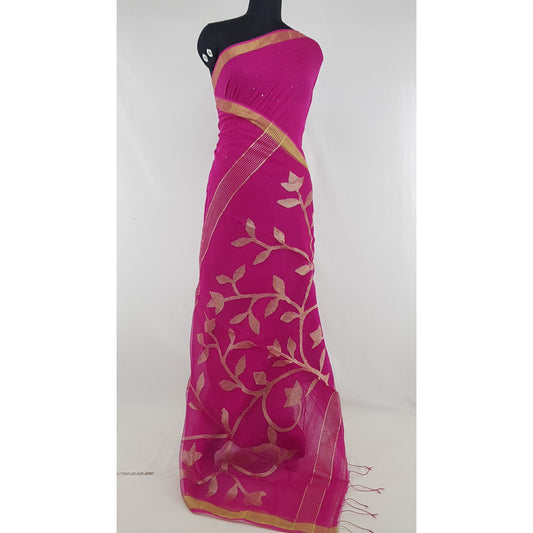 Pink Color Sequin Handloom Cotton Silk Saree - Vinshika