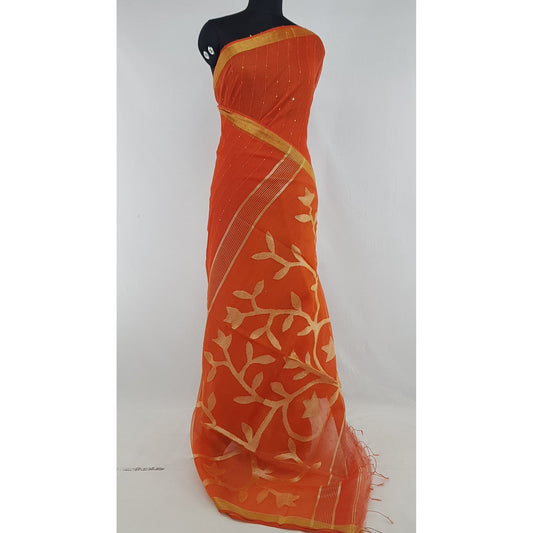 Orange Color Sequin Handloom Cotton Silk Saree - Vinshika