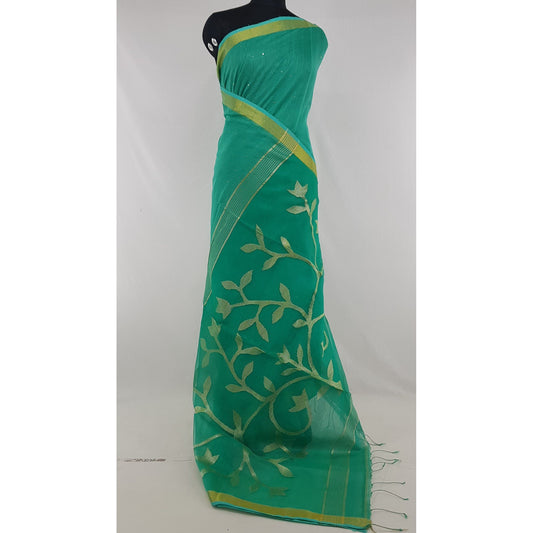 Jade Color Sequin Handloom Cotton Silk Saree - Vinshika