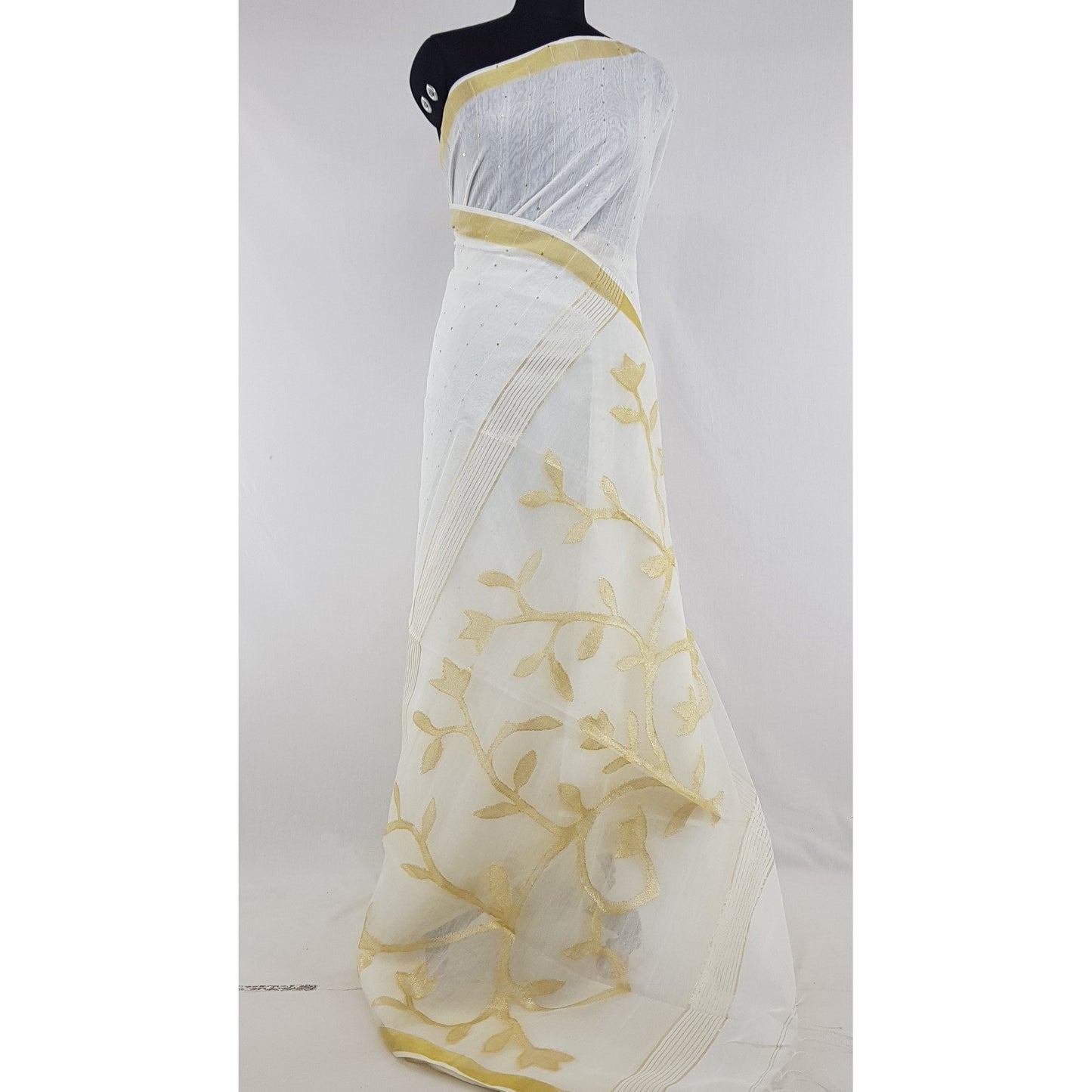 White Color Sequin Handloom Cotton Silk Saree - Vinshika