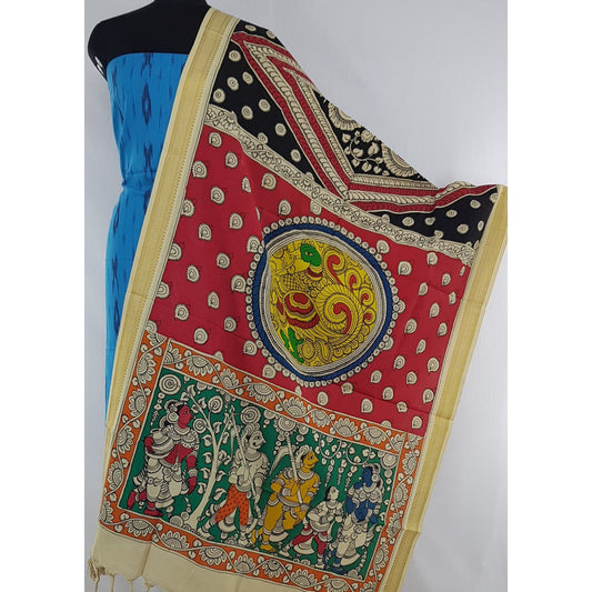 Handpainted Pen Kalamkari Cotton dupatta with Ikat Cotton top / Salwar set - Vinshika