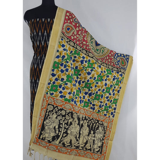 Handpainted Pen Kalamkari Cotton dupatta with Ikat Cotton top / Salwar set - Vinshika