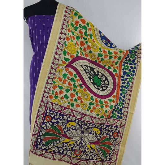 Handpainted Pen Kalamkari Cotton dupatta with Ikat Cotton top / Salwar set - Vinshika