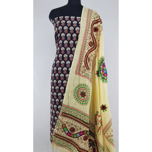 Hand embroidered kutch work with puff printed cotton dupatta with Ajrakh cotton top/salwar set - Vinshika