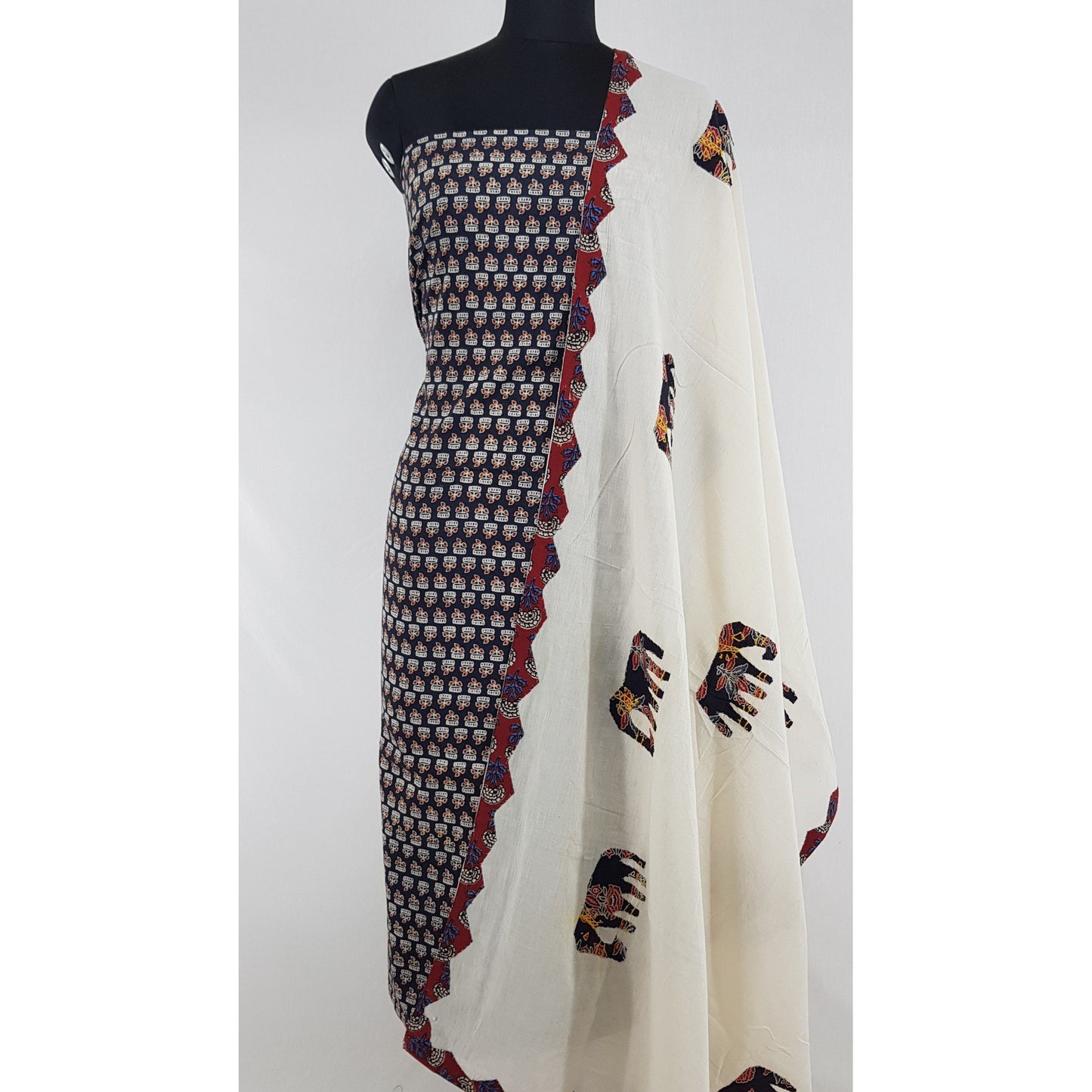 Hand printed natural dyed Ajrakh patch work cotton dupatta with Ajrakh cotton top/salwar set - Vinshika
