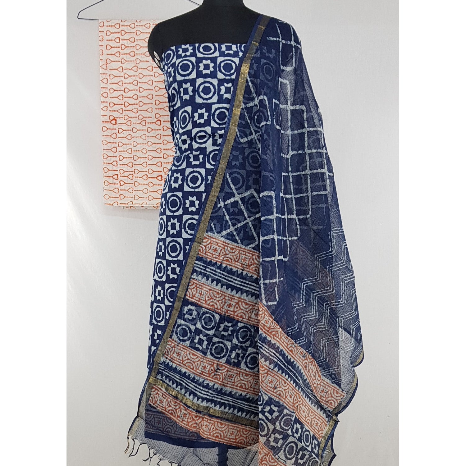 Bagru Hand Printed Cotton Salwar Set with Kota Dupatta - Vinshika