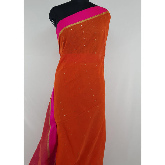 Red and Pink sequin handloom cotton silk saree - Vinshika