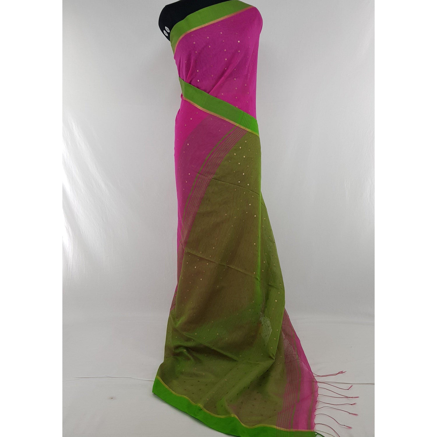Pink and green sequin handloom cotton silk saree - Vinshika
