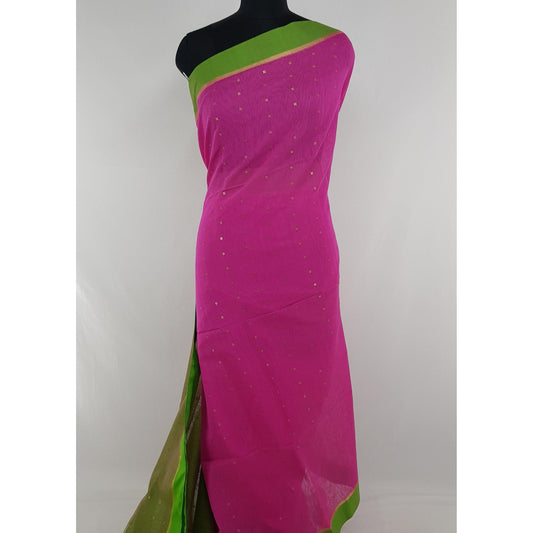 Pink and green sequin handloom cotton silk saree - Vinshika