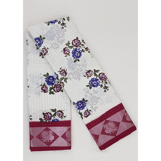 Madhurai Sungudi floral printed silver zari border and allover checks pure cotton saree - Vinshika