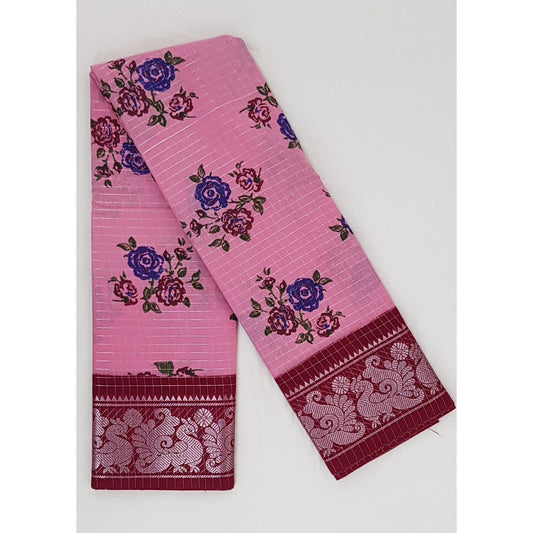 Madhurai Sungudi floral printed silver zari border and allover checks pure cotton saree - Vinshika