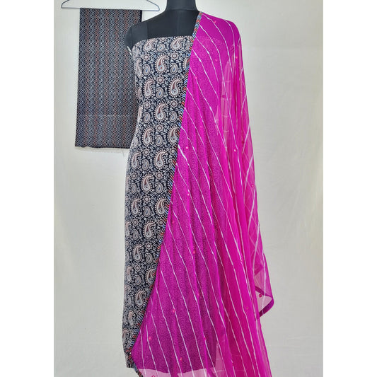 Hand printed natural dyed  Ajrakh cotton salwar set with laheria dupatta - Vinshika