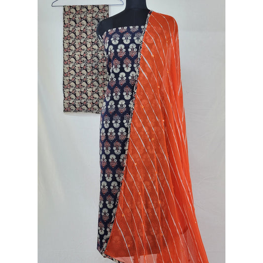 Hand printed natural dyed  Ajrakh cotton salwar set with laheria dupatta - Vinshika