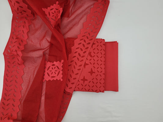 Red Color Applique Cut work Cotton Salwar Set - Vinshika