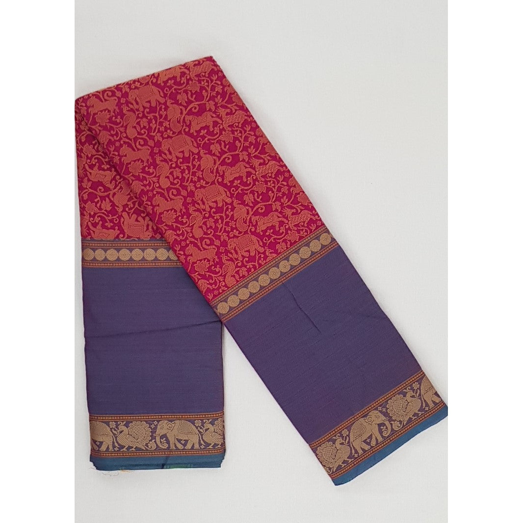 Red and Blue Color Vanasingaram Kanchi Cotton Saree - Vinshika