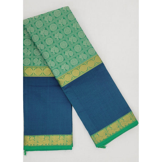 Spring Green and Blue Color Vanasingaram Kanchi Cotton Saree - Vinshika