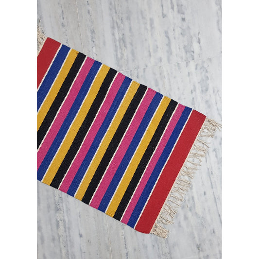 Multi color stripes Handwoven Dhurrie – 1.5 ft X 2 ft - Vinshika